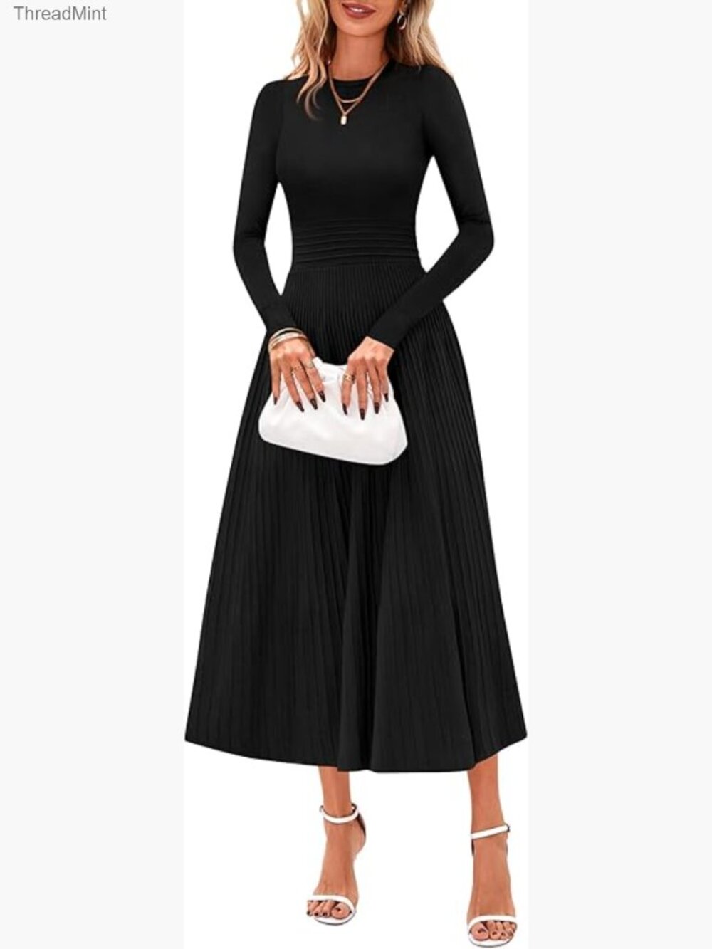 Long Sleeve Crew Neck Midi A-Line Knit Sweater Dress Formal